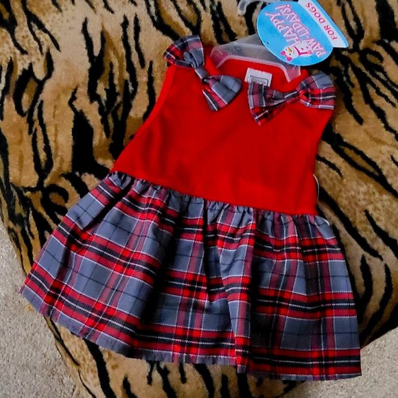 Pet Dress Dog or Cat Red Grey Plaid 2 Bows sz. xs ea. New w/ Tag! - Picture 1 of 5